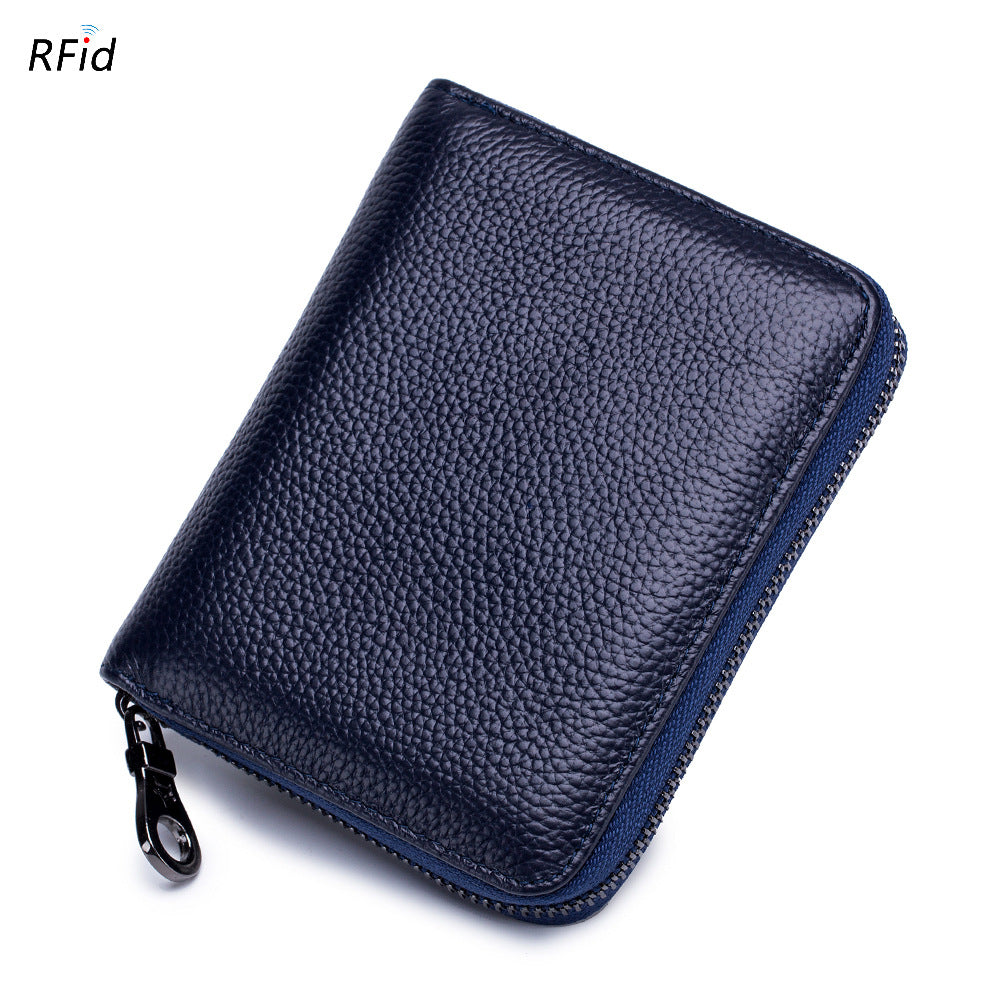 Women's & Men's Organ Zipper Cowhide Swiping Magnetic Leather Card Holder