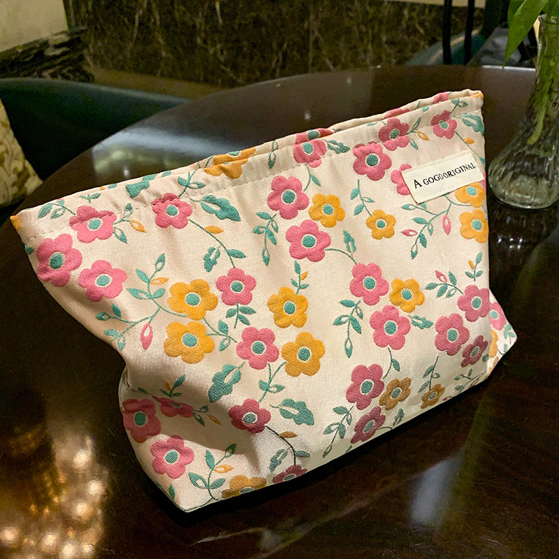 Embossed Flower Literary Printing Buggy Large Capacity Portable Toiletry Canvas Bags