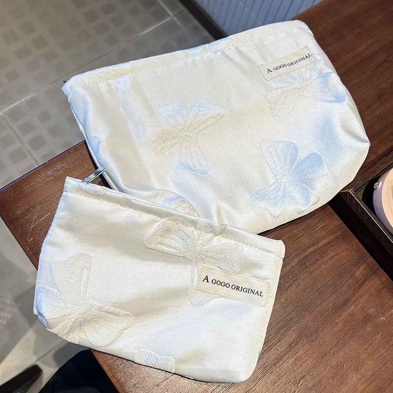 Solid Color Large Capacity Portable Liner Bow Makeup Bag
