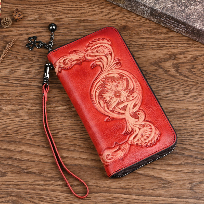 Women's Layer Cowhide Multifunctional Zipper Clutch Vintage Ladies Wallet