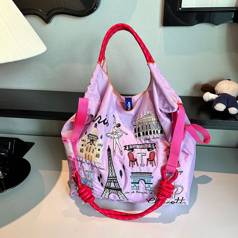 Iron Tower Embroidery Shopping Large Capacity Handbags