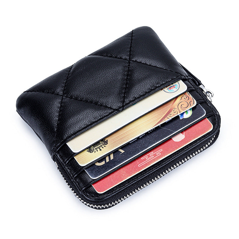 Women's Sheepskin Fashion Genuine Leather Embroidered Plaid Multiple Slots Coin Purses