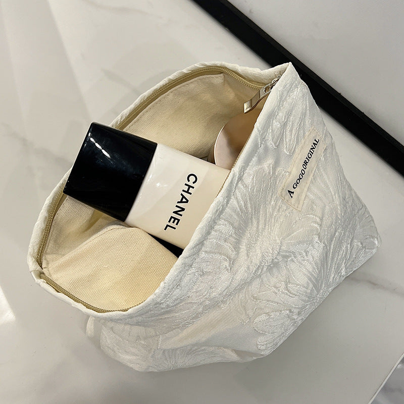 High-grade Pure White Lotus Texture Printing Large Makeup Bag