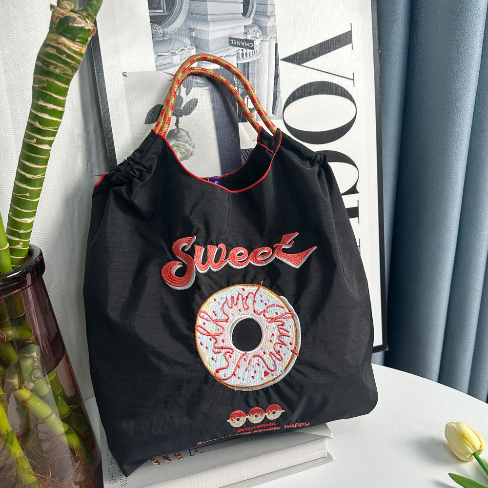 Donut Embroidery Shopping Large Capacity Nylon Handbags