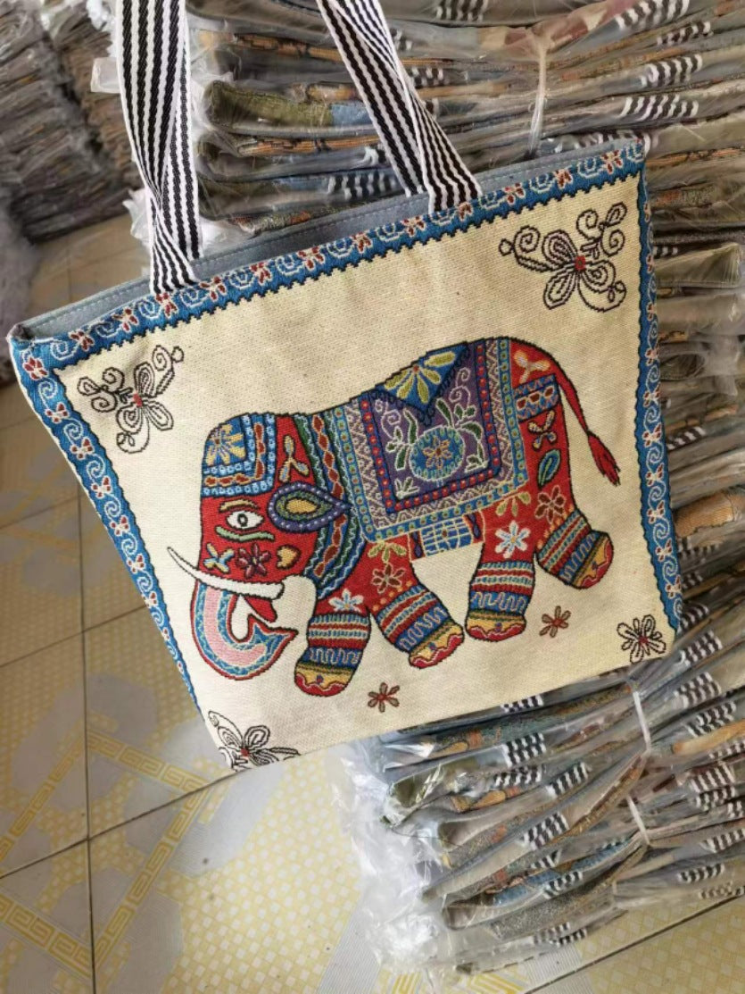 Women's Ethnic Style Canvas Large Jacquard Embroidered Elephant Versatile Shoulder Bags