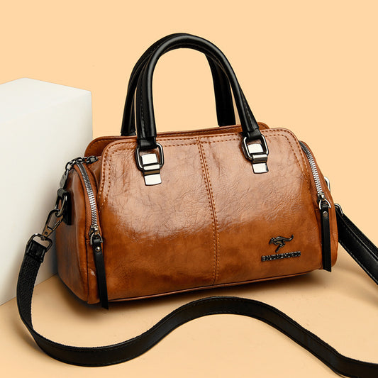 Women's Contrast Color Boston Pillow Soft Leather Portable Handbags