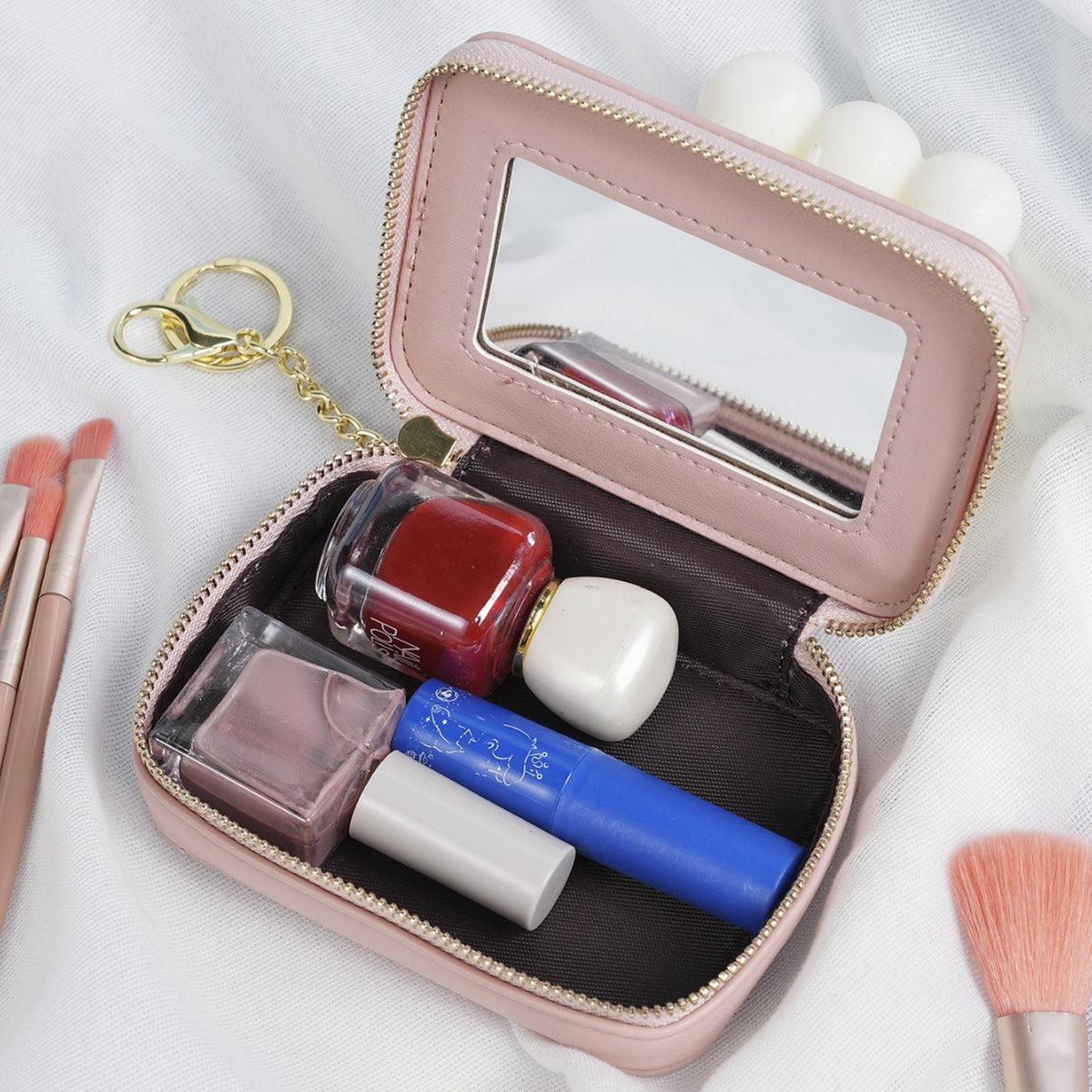Mini Triangle Embroidery Thread With Mirror Simple Fashionable Solid Color Makeup Bag