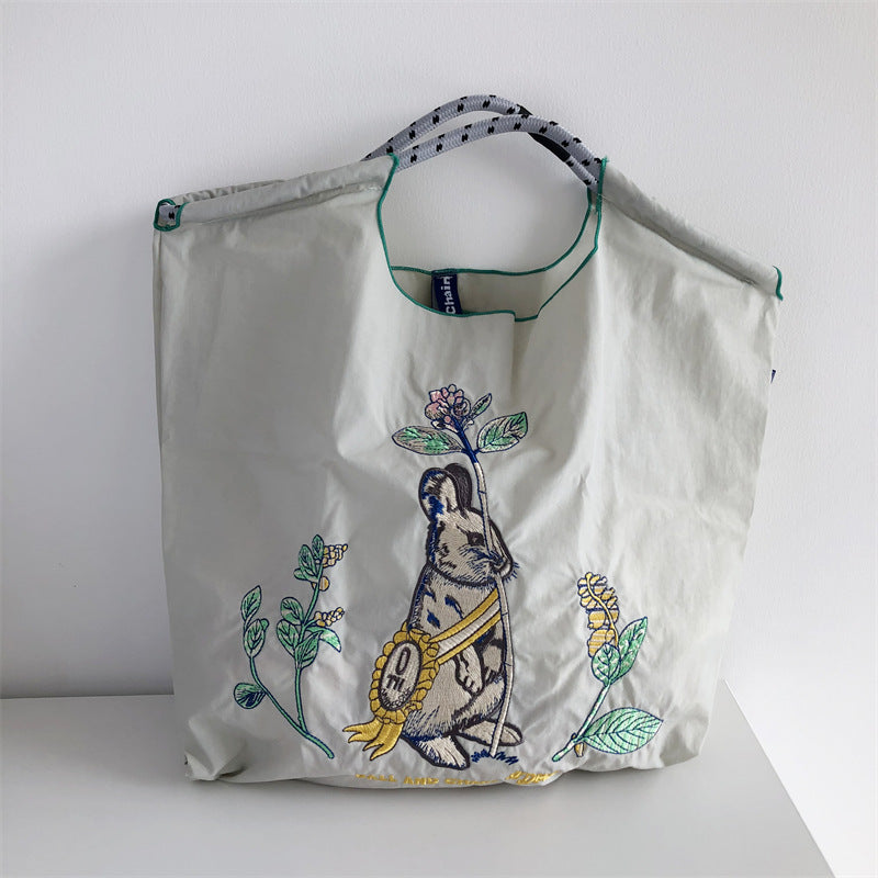 Owl Embroidery Green Shopping Nylon Cloth Waterproof Portable Women's Shoulder Bag