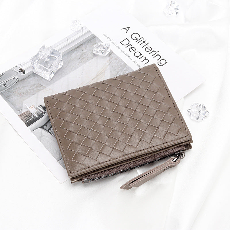 Women's Sheepskin Woven Fold Multiple Slots Vertical Leather Ladies Wallet
