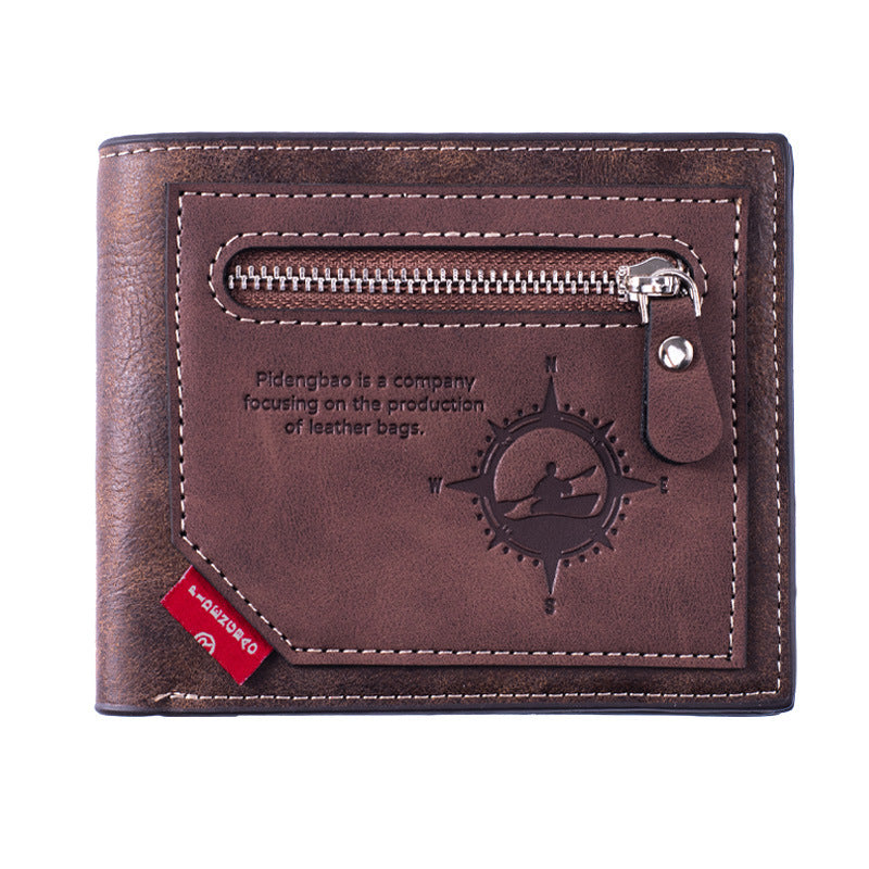 Men's Two-fold Leather Stitching Contrast Color Zipper Pocket Retro Fashion Men's Wallet