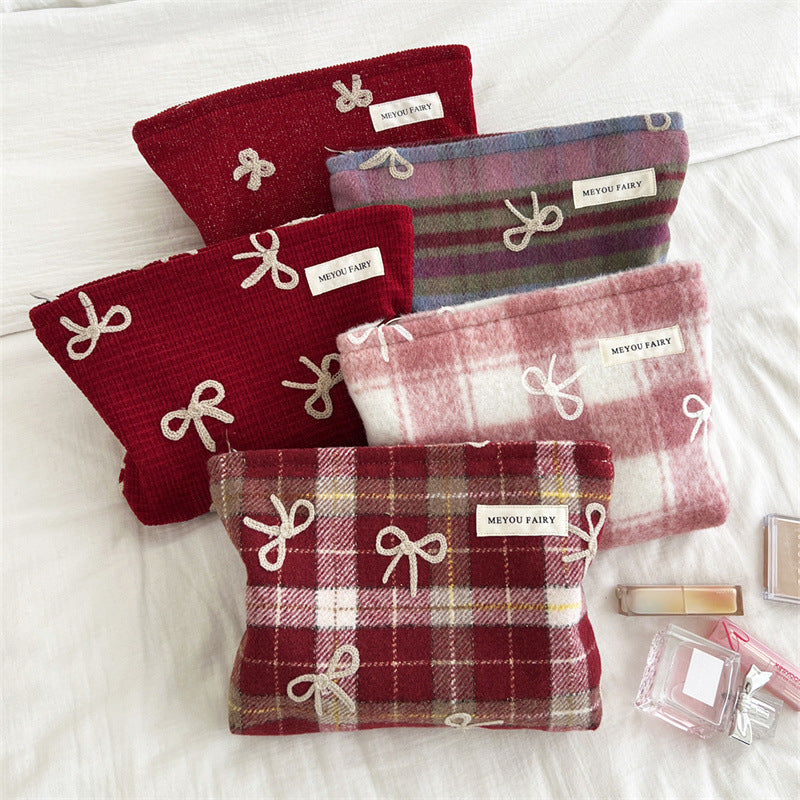 Embroidered Bow Plaid Valentine's Day Gift Wash Makeup Bag