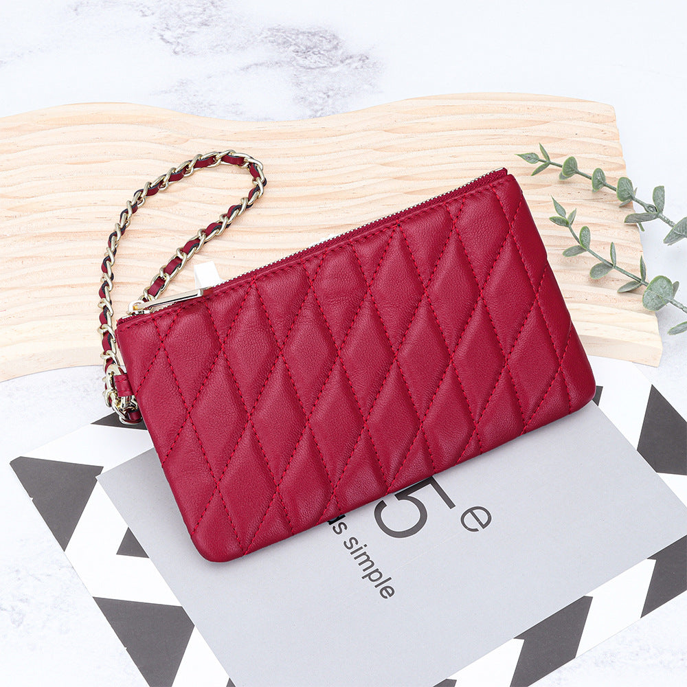 Women's Sheepskin Classic Style Clutch Diamond Chain Storage Leather Bags