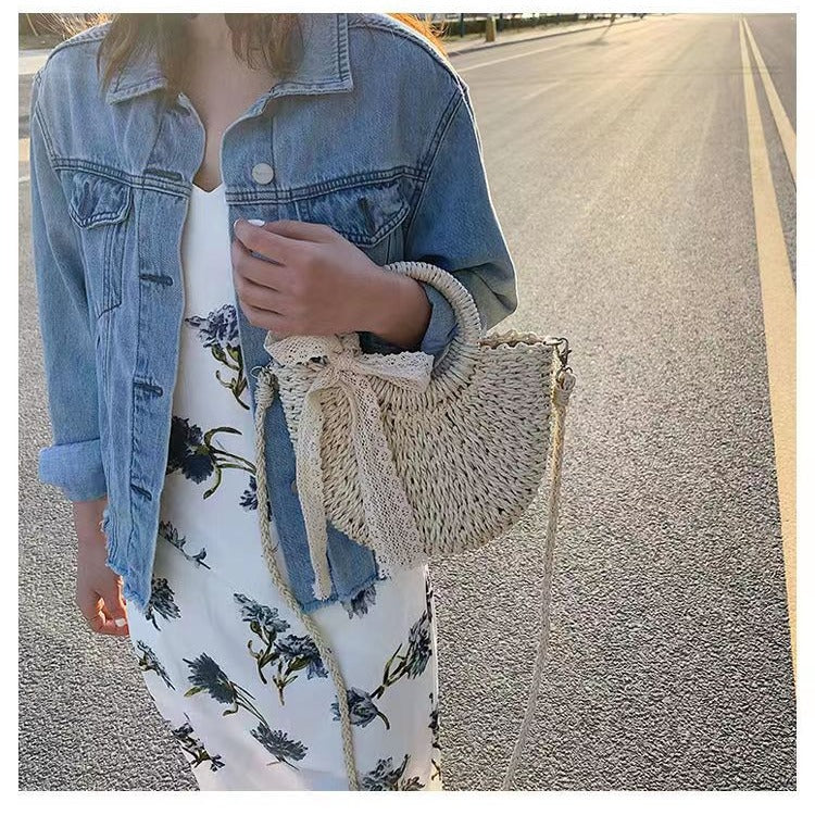 Women's Korean Lace Bow Woven Rattan Straw Handbags