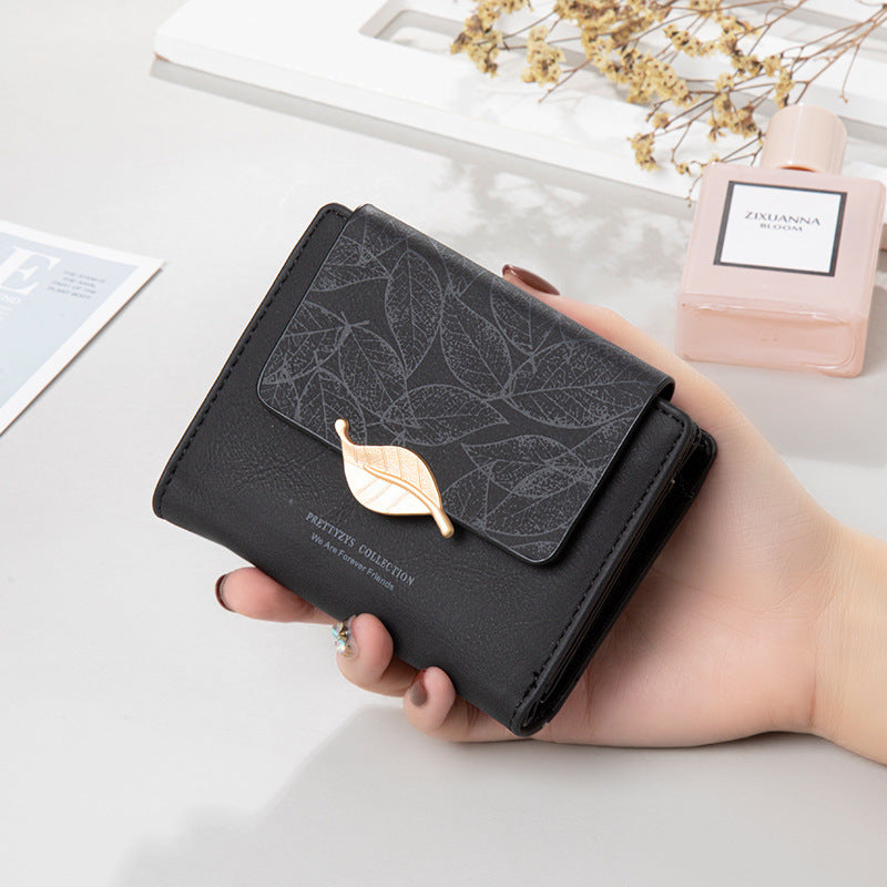 Women's Short Simple Vintage Frosted Leaf Fashion Ladies Wallet