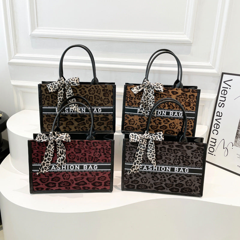 Women's Style Silk Scarf Bow Spring Large Capacity Fashion Leopard Print Women's Shoulder Bag