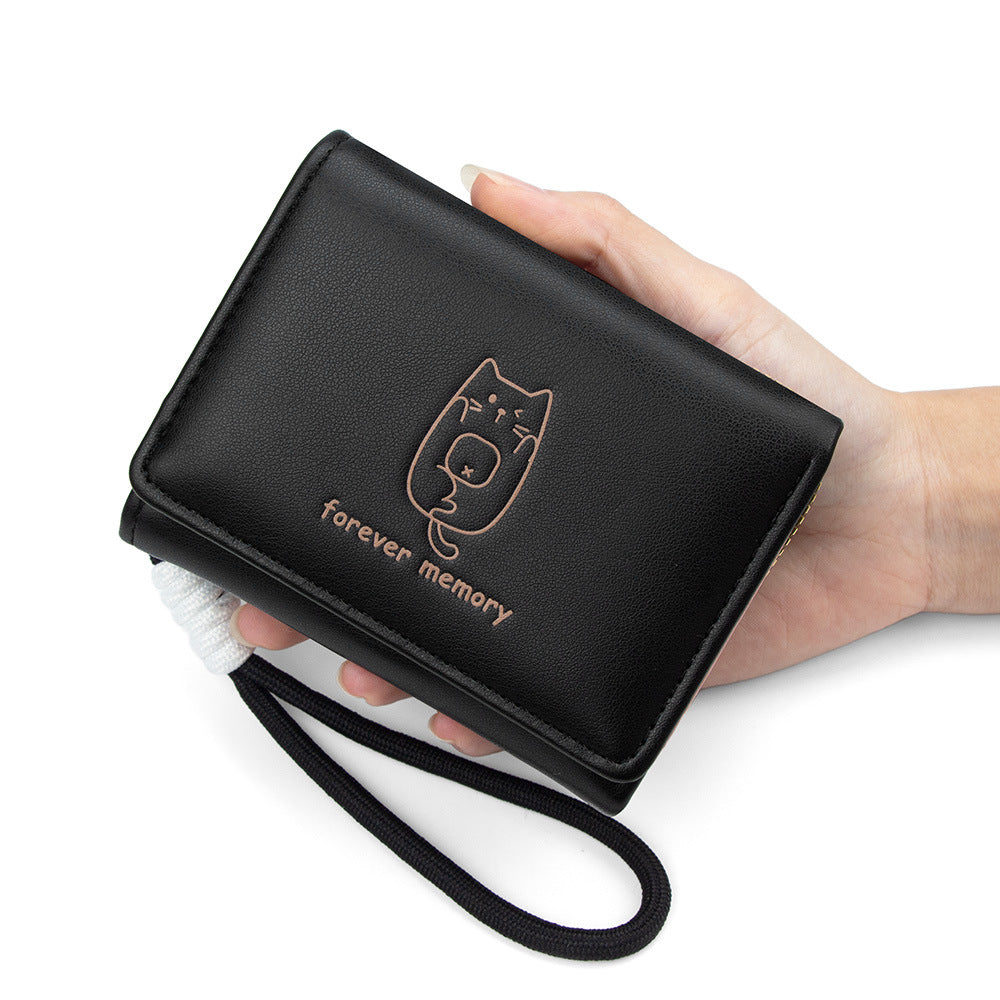 Women's Style Cat Lanyard Simple Short Three Fold Fresh Printed Coin Purses