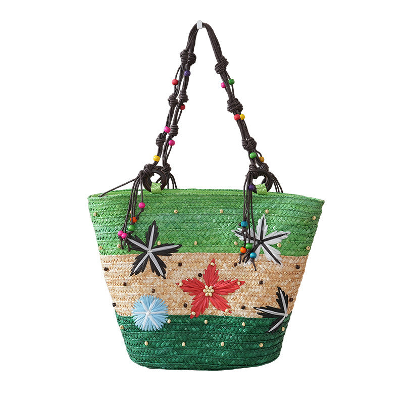 Women's Straw Grass Hand-knitted Embroidered Three-color Starry Sky Wooden Bead Woven Bags