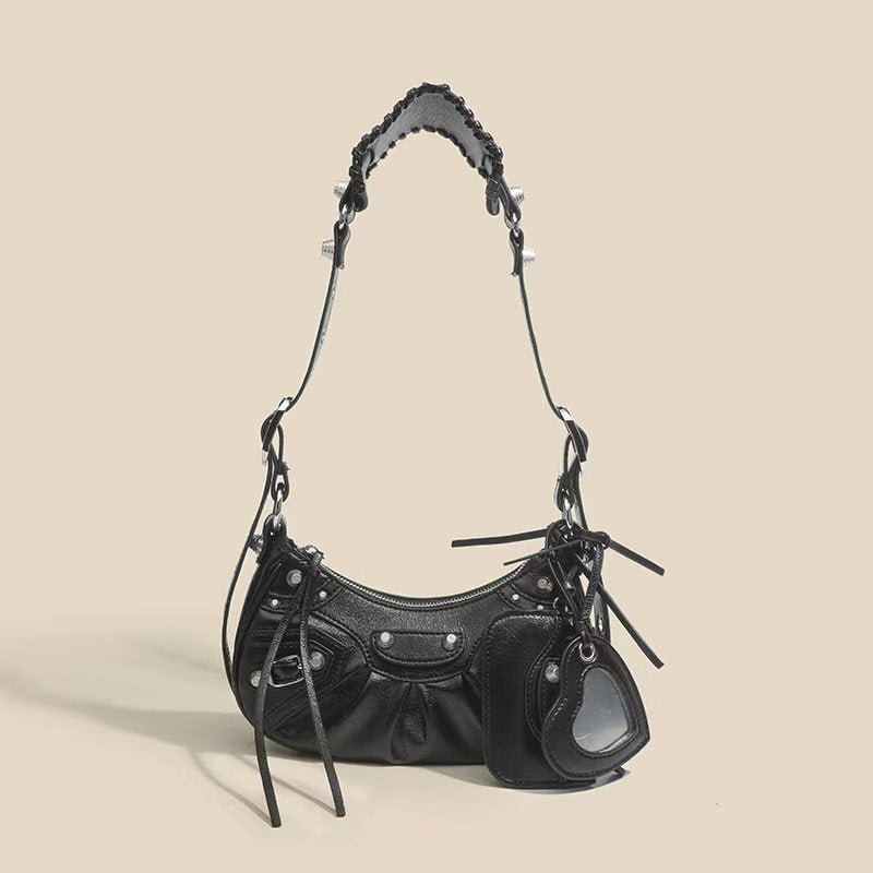 Women's Trendy Retro Underarm Pleated Rivet Tassel Half Bags