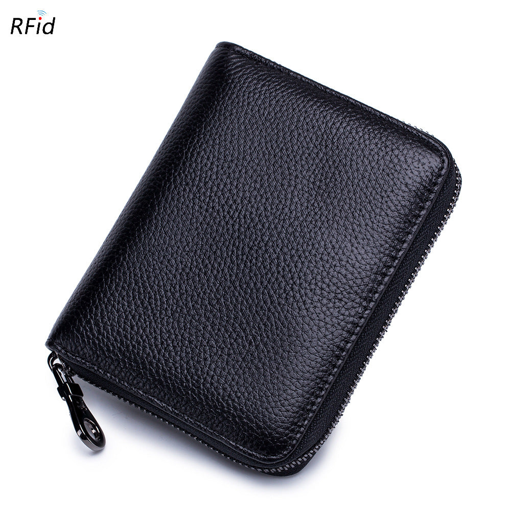 Women's & Men's Organ Zipper Cowhide Swiping Magnetic Leather Card Holder