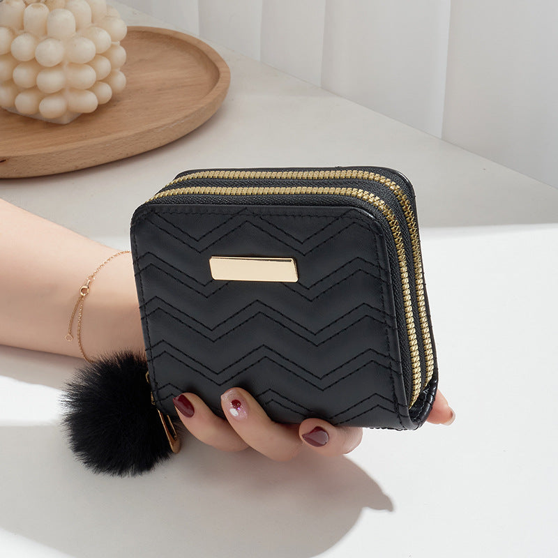 Mini Double Layer Zipper Fashion Embroidery Plush Pouches Card Holder
