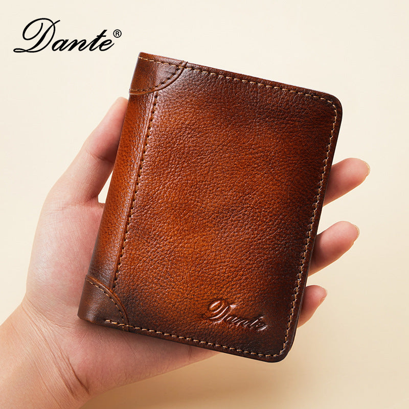 Men's Genuine Leather Swiping Vertical Three-fold Vintage Men's Wallets