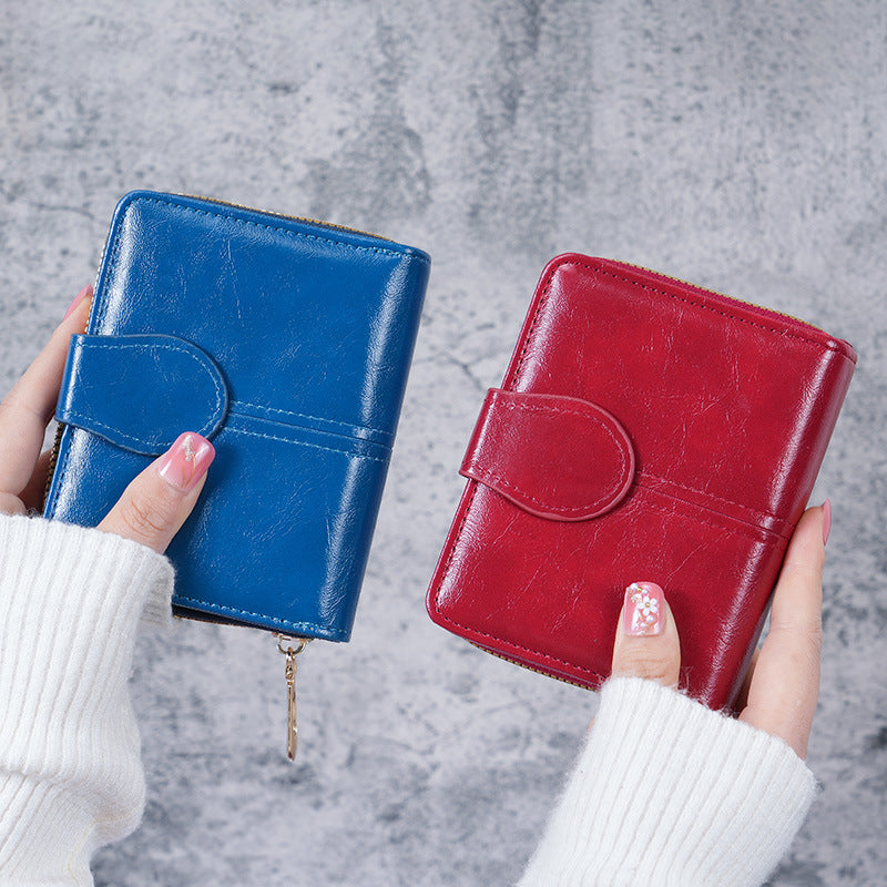 Women's Oil Wax Leather Vintage Short Korean Fashion Zipper Ladies Wallet