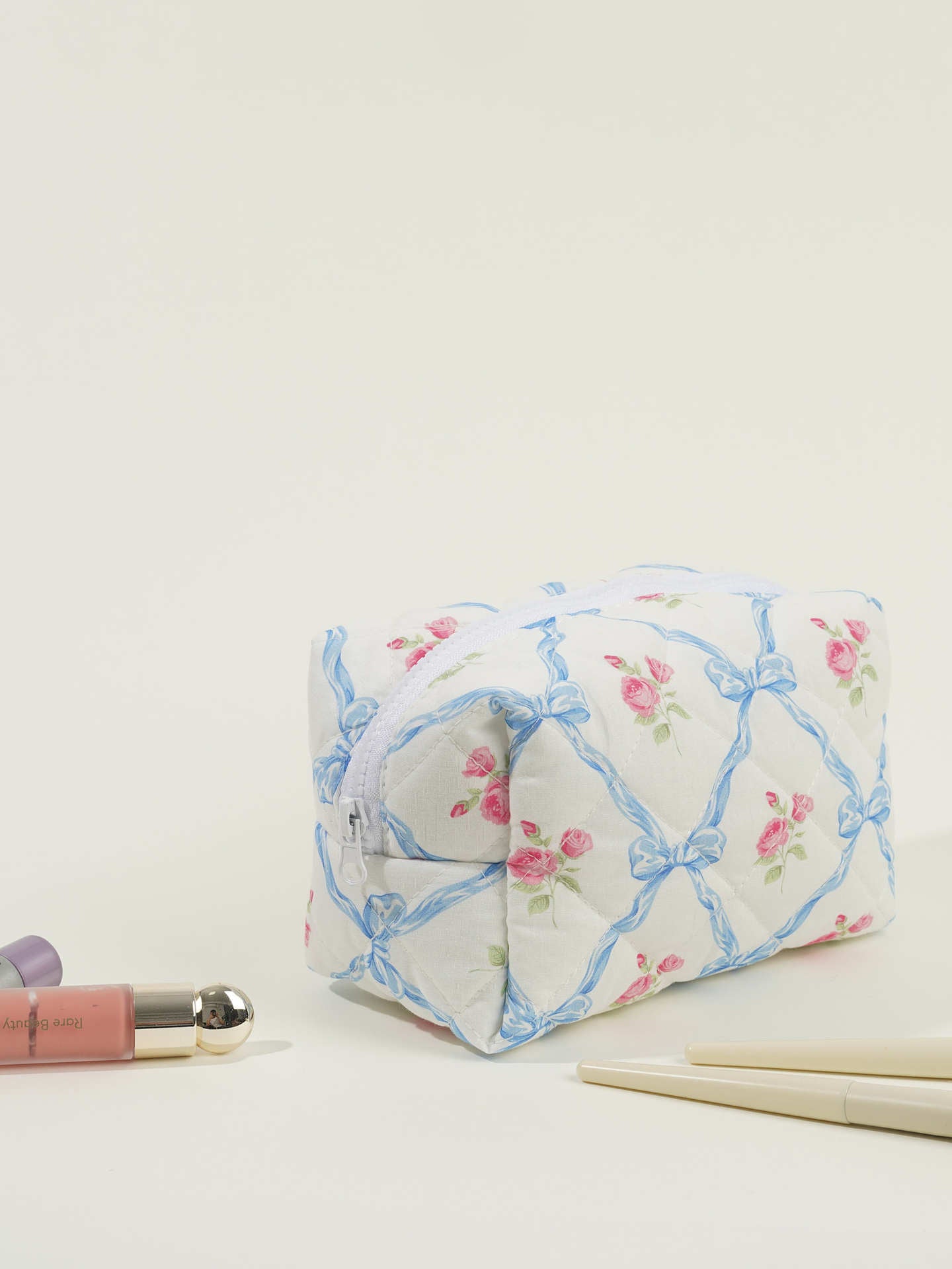 Quilted Large Capacity Bow Printed Rose Cosmetic Bags
