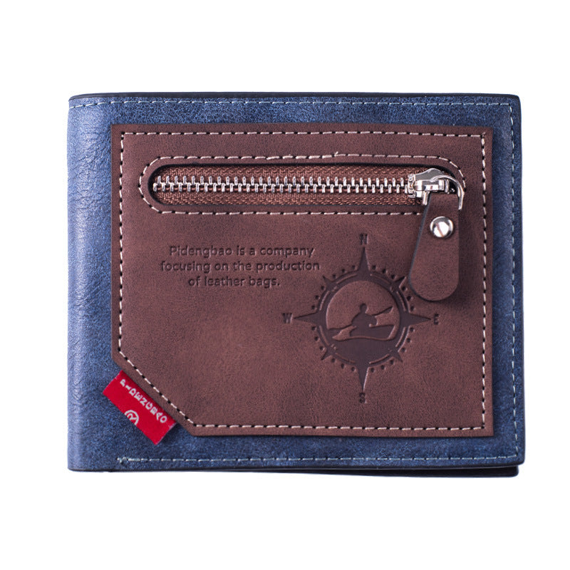 Men's Two-fold Leather Stitching Contrast Color Zipper Pocket Retro Fashion Men's Wallet