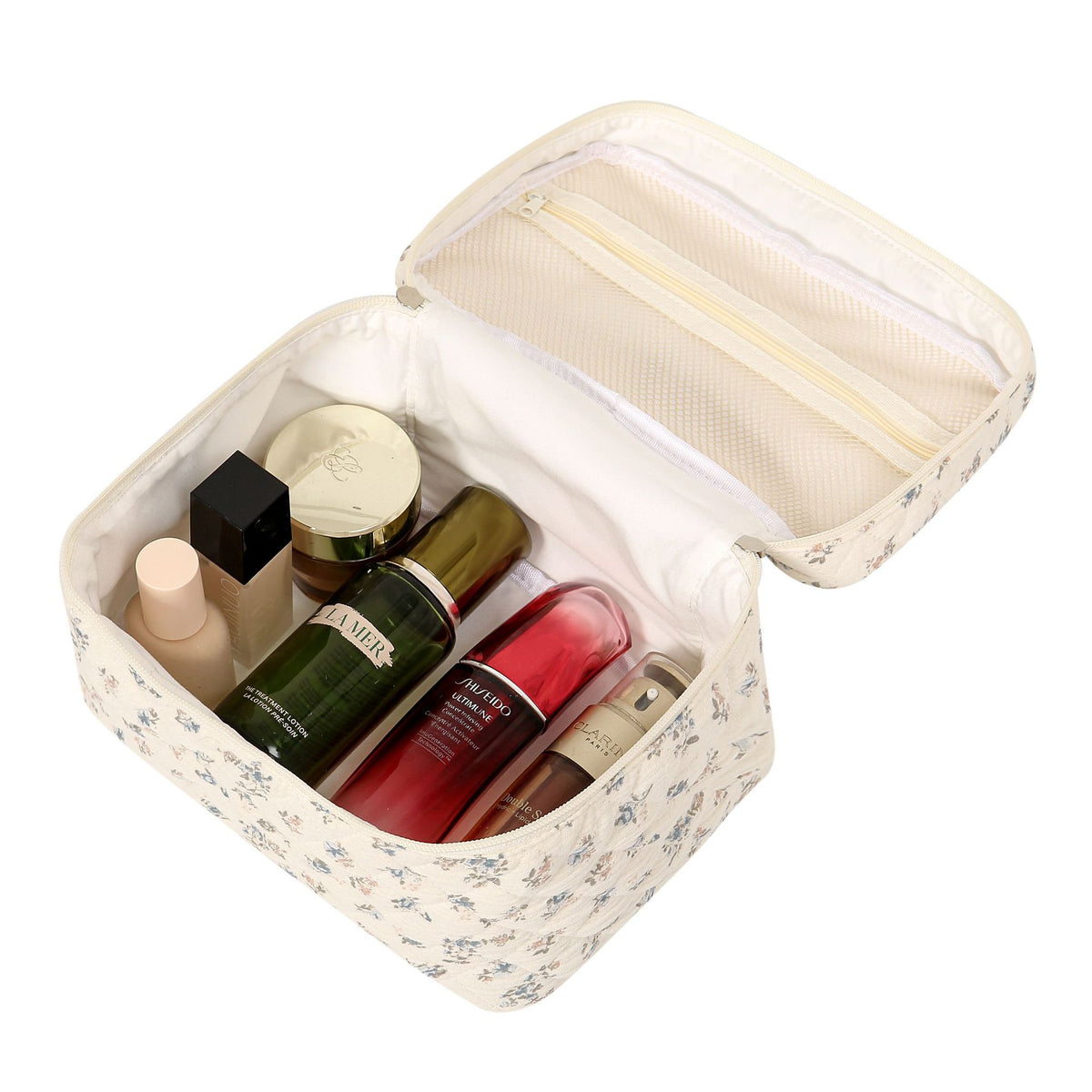 Portable Large Capacity Quilted Floral Cotton Makeup Bag