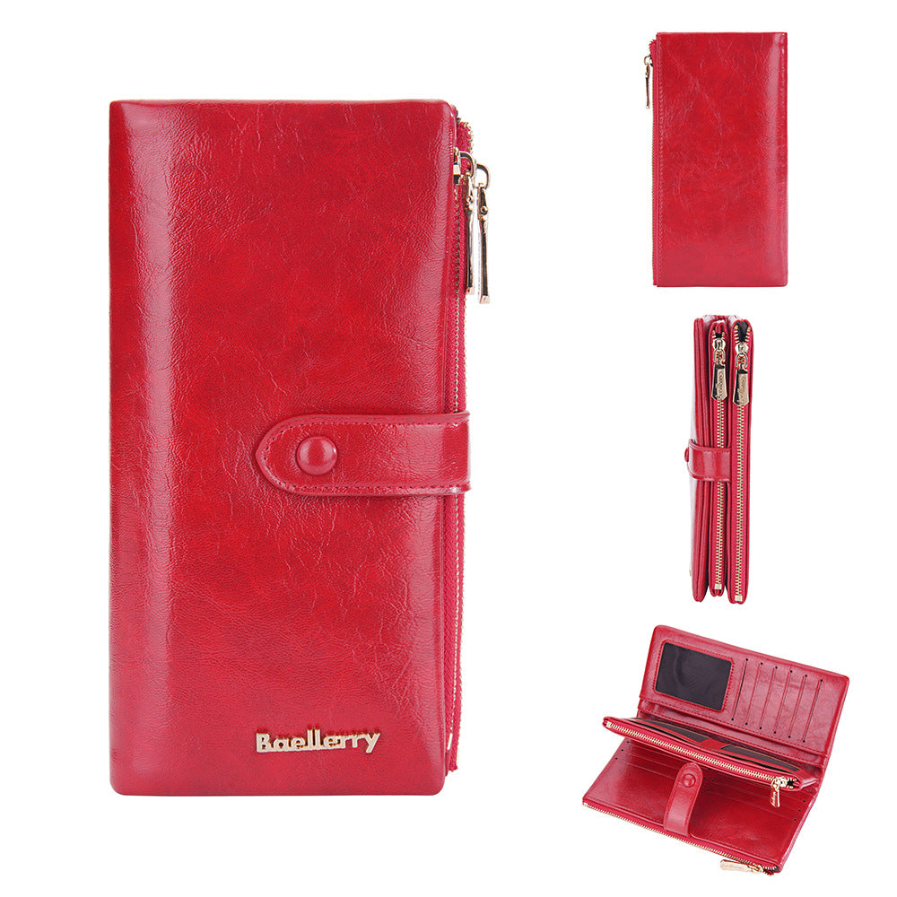 Women's Long Oil Wax Leather With Double Coin Purses