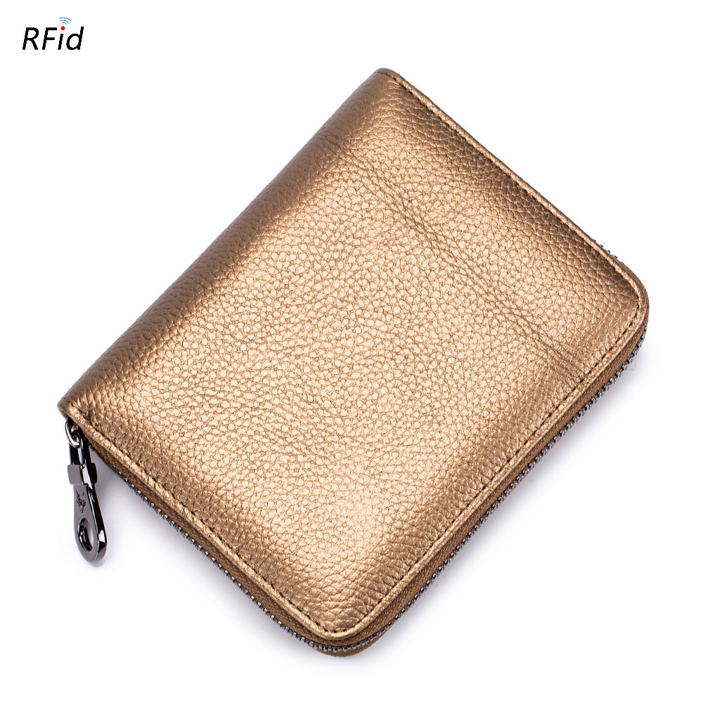 Women's & Men's Organ Zipper Cowhide Swiping Magnetic Leather Card Holder