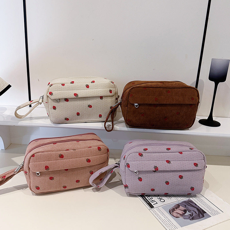 Corduroy Strawberry Pattern Large Capacity Portable Storage Bags