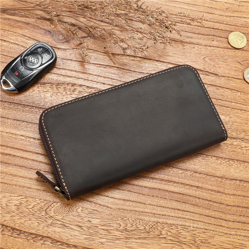 Men's Cowhide Large Capacity Real Long Zipper Handbags