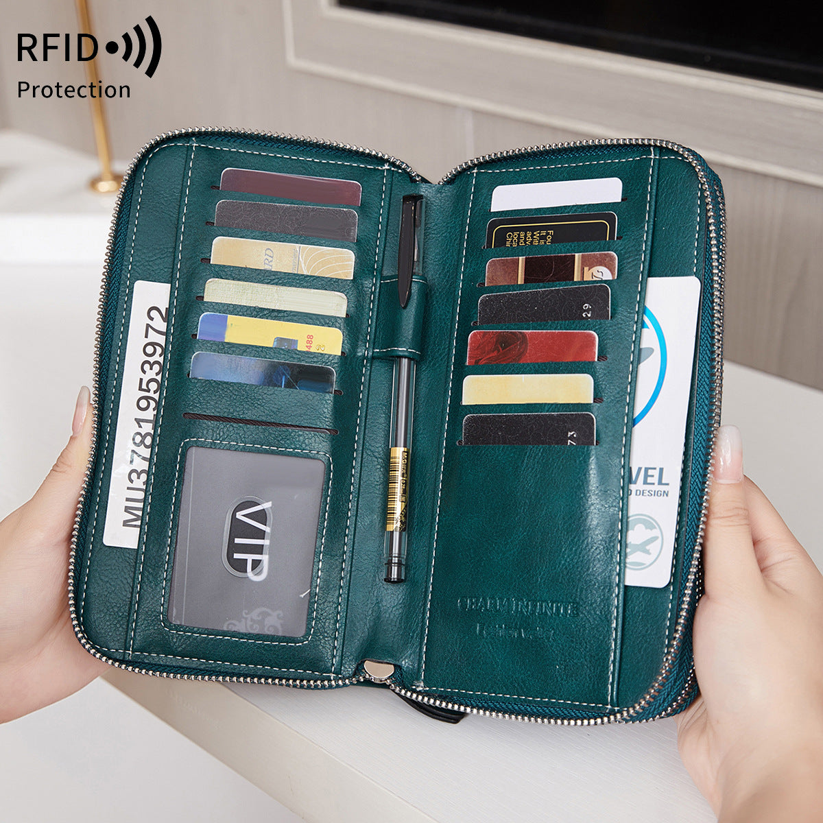 Double Layer Zipper Large Capacity Long Portable Card Holder