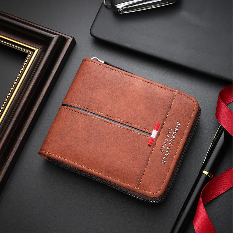 Men's Short Horizontal Zipper Vintage Cubic Men's Wallet