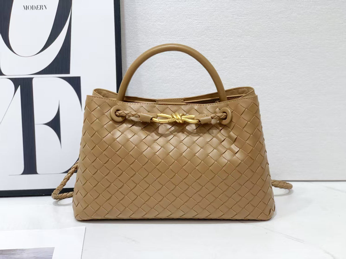 Women's Genuine Leather Metal Cord Fastener Woven Handbags