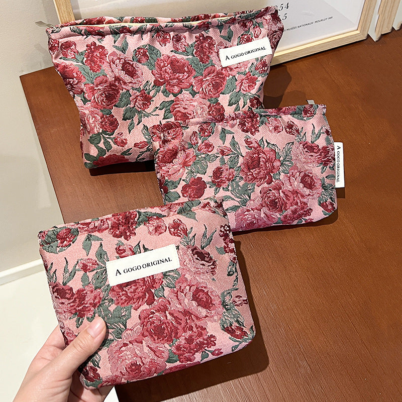 Women's Retro Dark Red Flower Jacquard Fabric Makeup Bag
