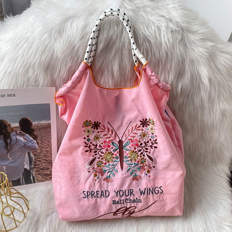 Embroidered Shopping With Flowers Plants On The Upper Body Niche Women's Shoulder Bag