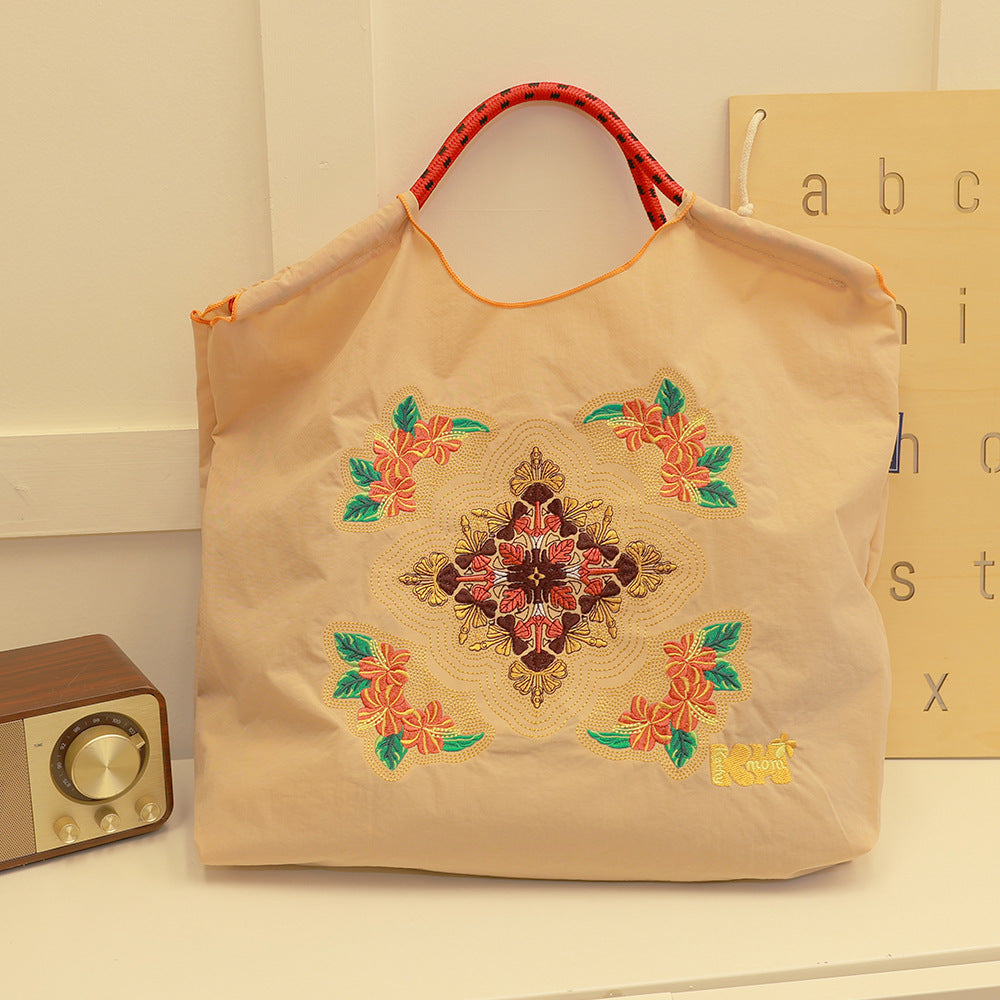 Environmental Protection Embroidery Shopping Nylon Cloth Flower Hand-held Minority Bags