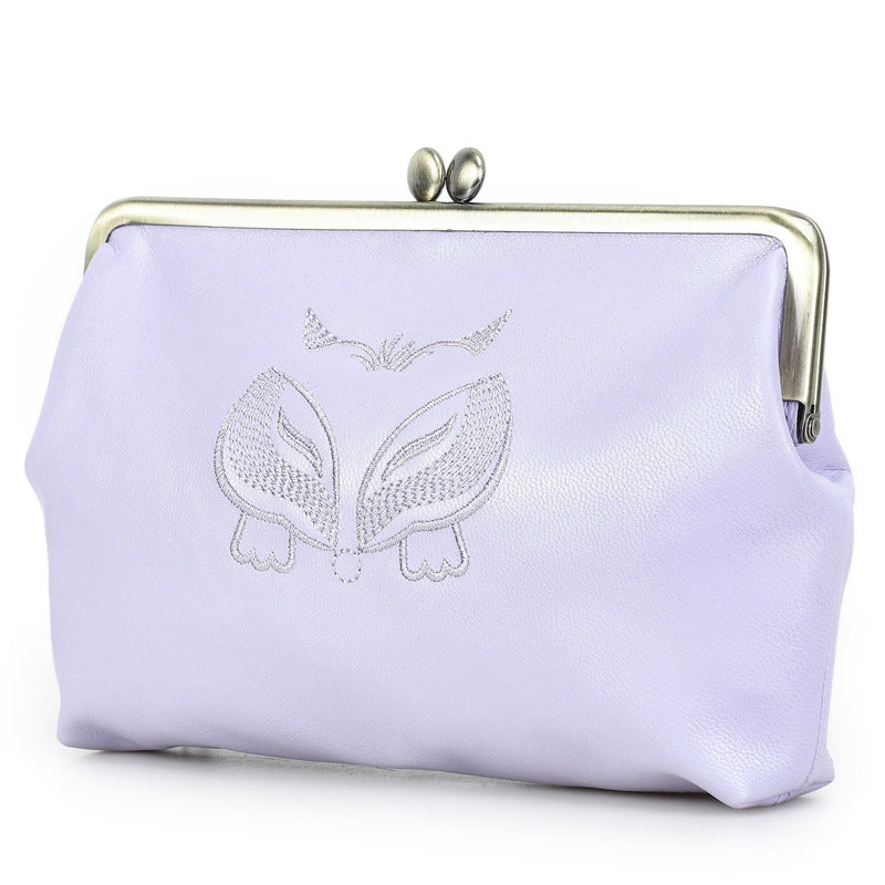 Women's Black Angel Full Grain Sheepskin Double Iron Hinge Embroidered Makeup Bag