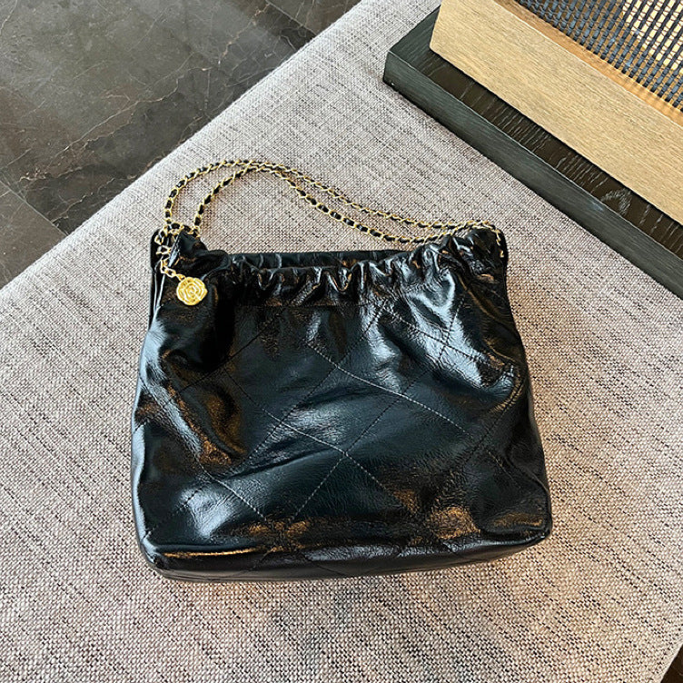 Cowhide Classic Style Diamond Chain Garbage Large Capacity Women's Shoulder Bag