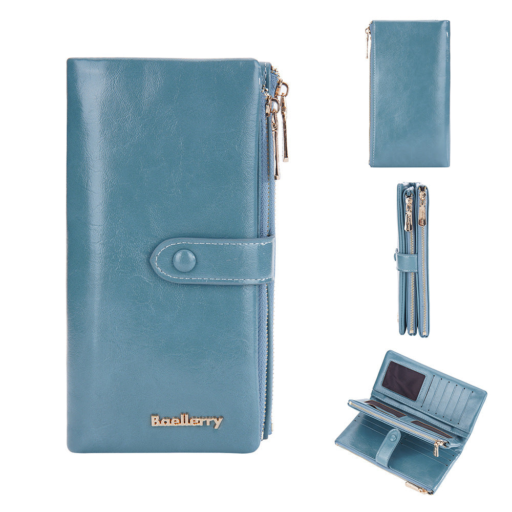 Women's Long Oil Wax Leather With Double Coin Purses