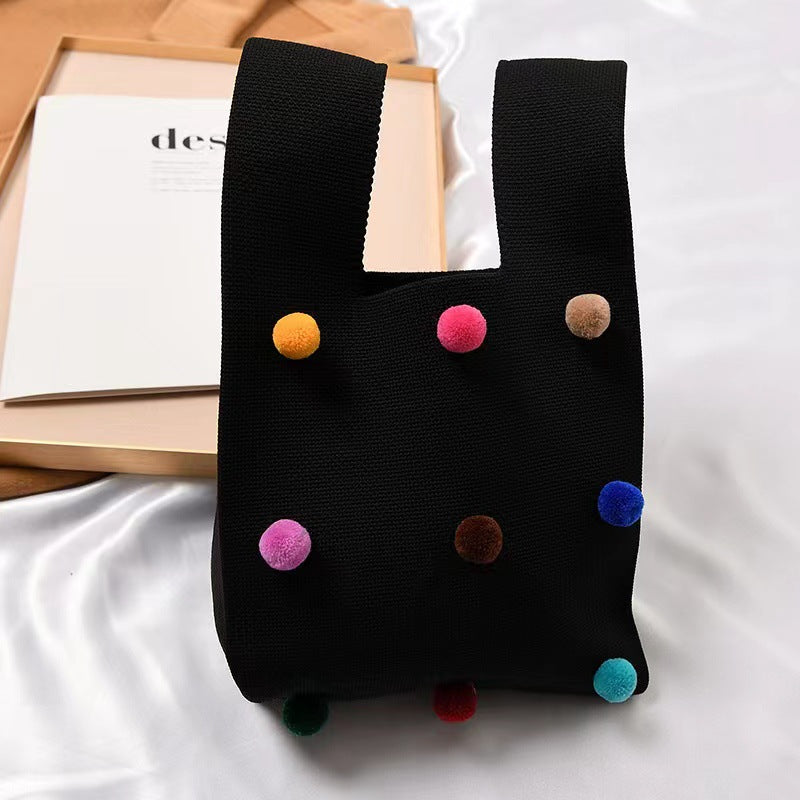 Durable Slouchy Colorful Pompons Knitted Ball Handbags