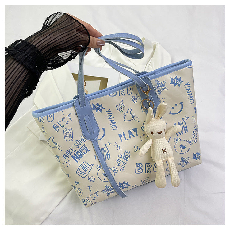 Contrast Color Big Female Cute Cartoon Printed Easy Matching Large Bags