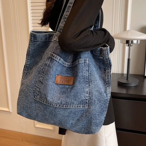Style Leisure Artistic Washed Denim Cloth Texture Large Crossbody Bags