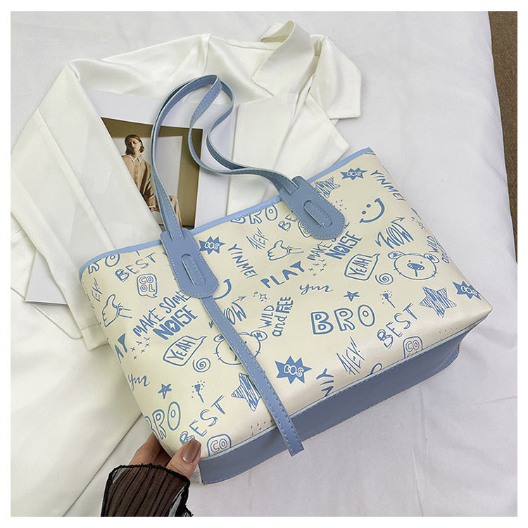 Contrast Color Big Female Cute Cartoon Printed Easy Matching Large Bags