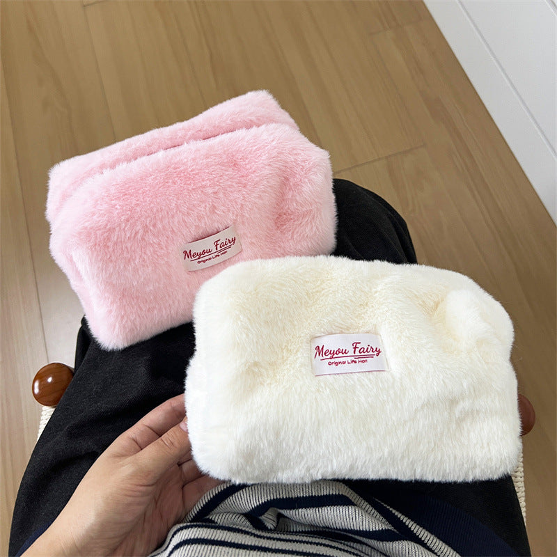Plush Sweet Solid Color Large Capacity Makeup Bag