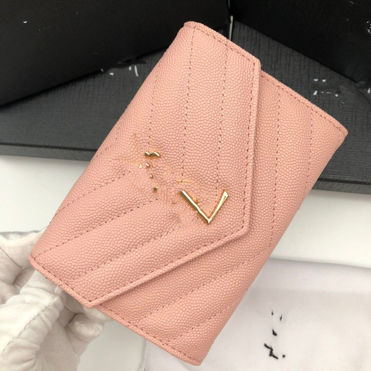 Caviar Short Cowhide Two Fold Multiple Slots Large Capacity Ladies Wallet