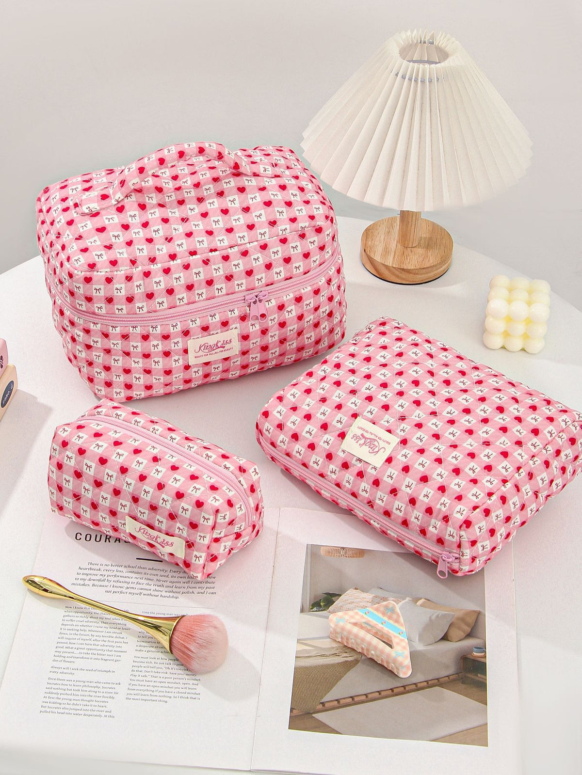 Love Heart Bow Portable Large Capacity Makeup Bag