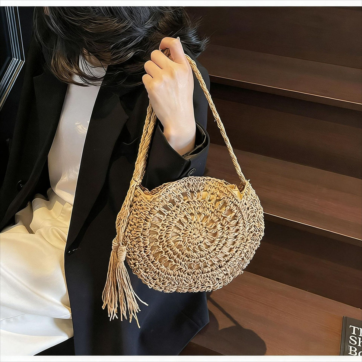 Women's Crochet Woven Hollow Straw Round Tassel Bags